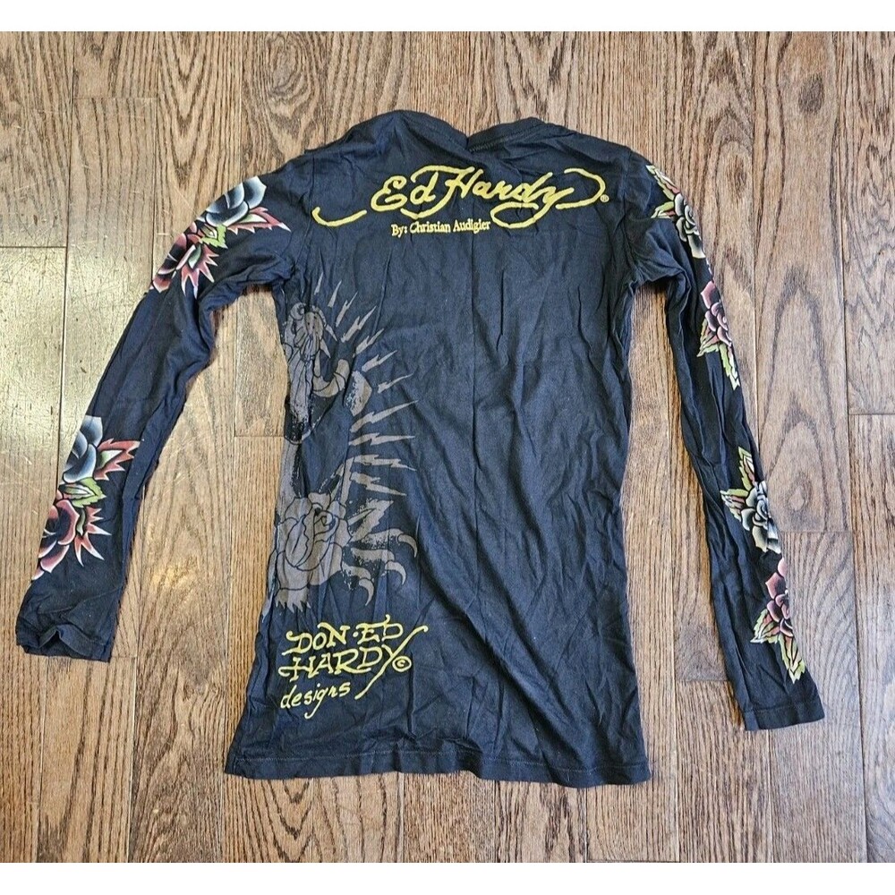 Vtg Y2K Ed Hardy Black Panther Roses Rhinestones Long Sleeve Top Size S - Picture 2 of 12